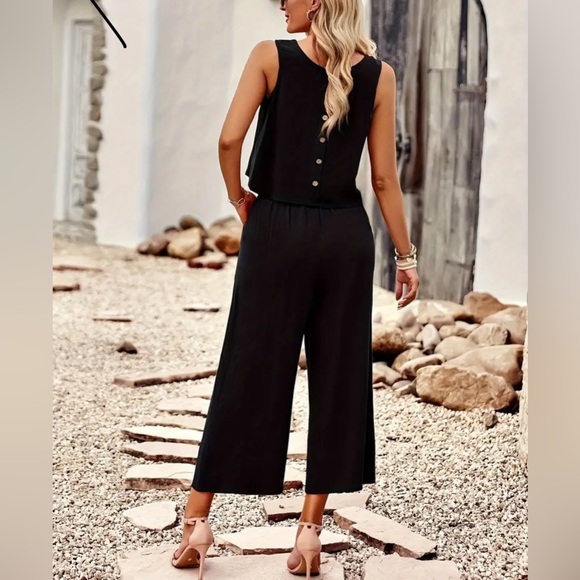 Solid Color Summer Two-piece Set, Crew Neck Tank Top & Wide Leg Pants Outfit - Picture 5 of 6